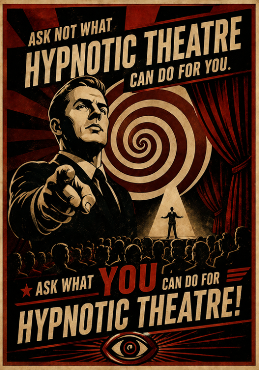 Hypnotic Theatre poster: Ask not what Hypnotic Theatre can do for you - ask what you can do for Hypnotic Theatre