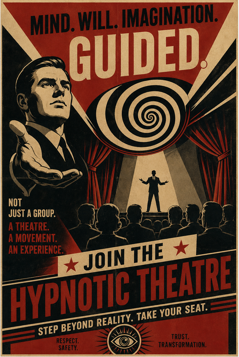 Hypnotic Theatre poster: Mind. Will. Imagination. Guided. - Join the Hypnotic Theatre