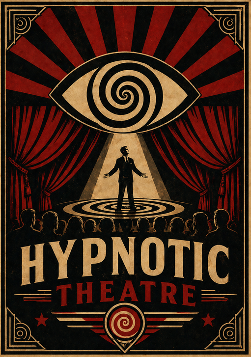Hypnotic Theatre poster: an all-seeing eye above a lone figure on stage